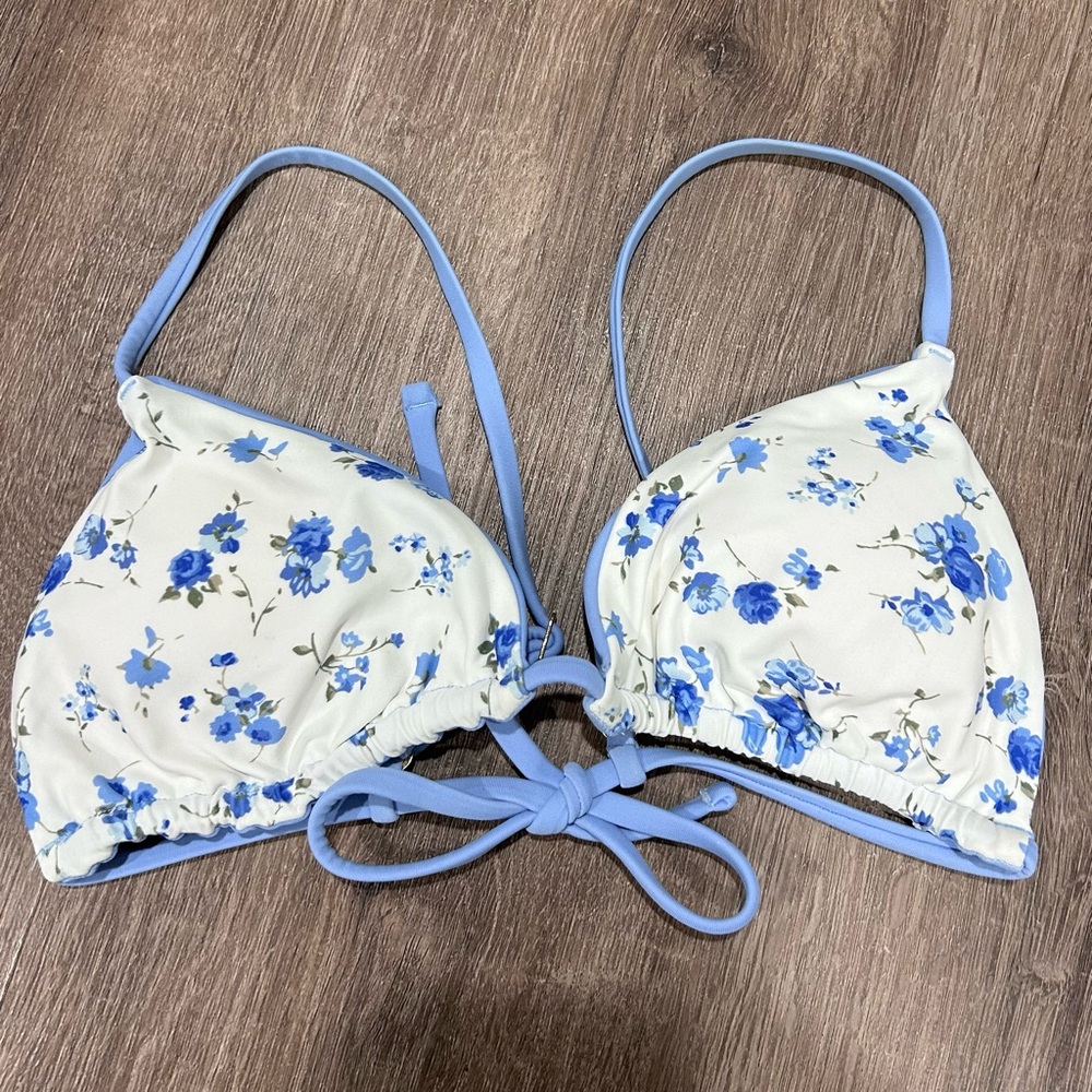Floral Blue and White Bikini Top Coquette Size Small Padded Adjustable Ties